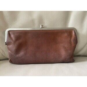 Hobo International Leather Clutch Lauren Double Frame Handbag Wallet Brown
